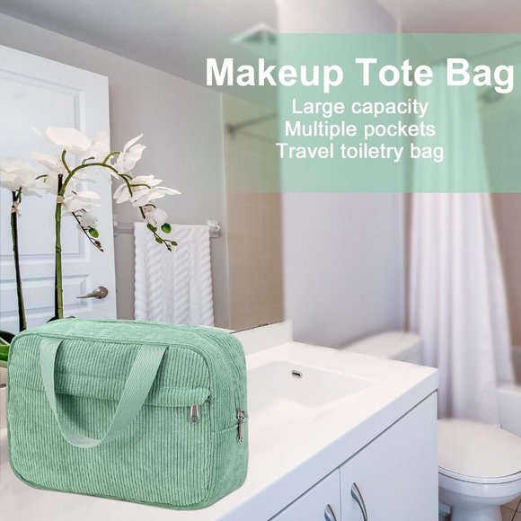 Women Cute Corduroy Travel Tote Large Zipper Make Up Organizer Toiletry Bags - Picture 5 of 7